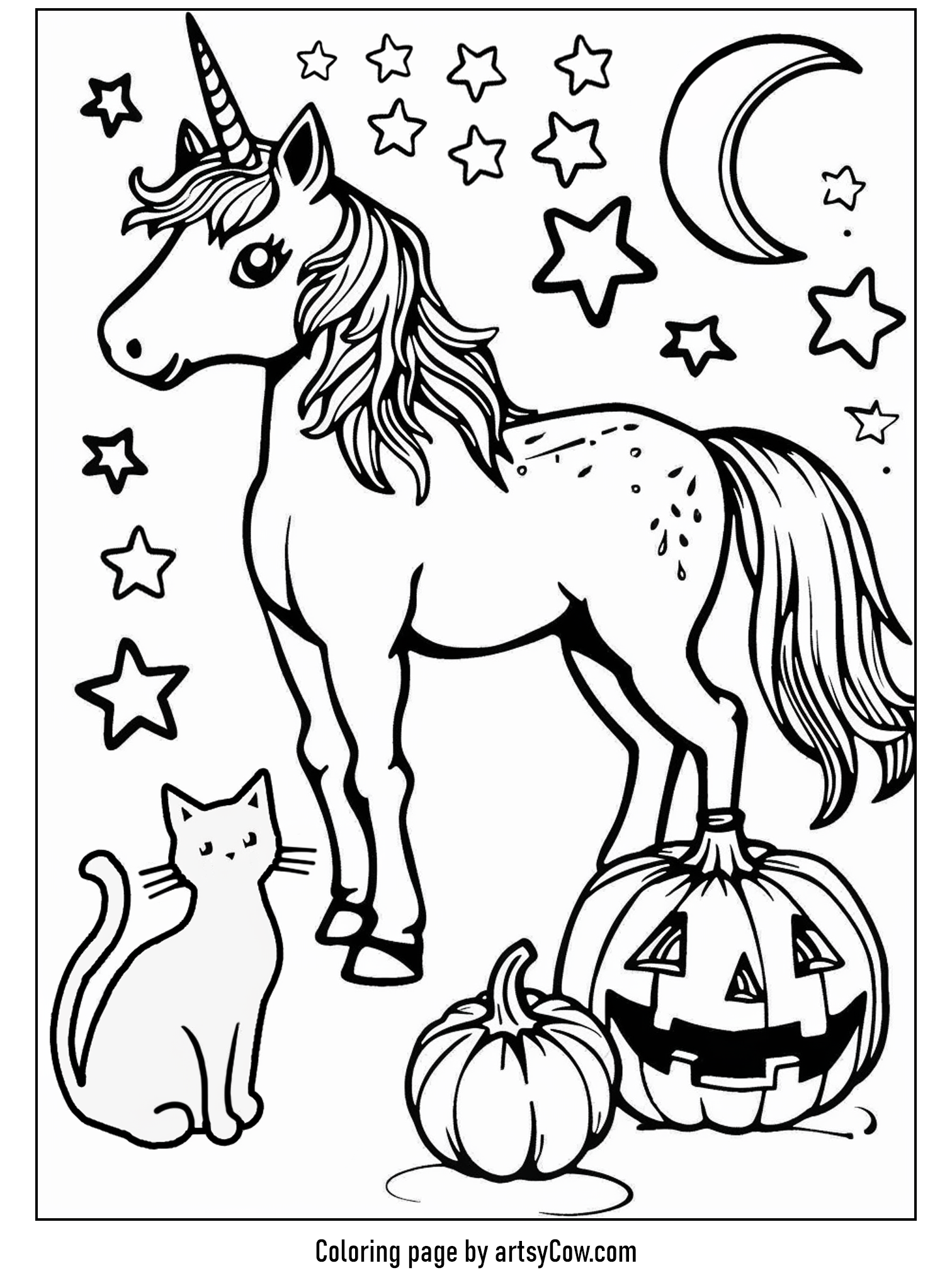halloween coloring pages with unicorn, featuring a unicorn, a black cat, and two pumpkins under a crescent moon and stars.